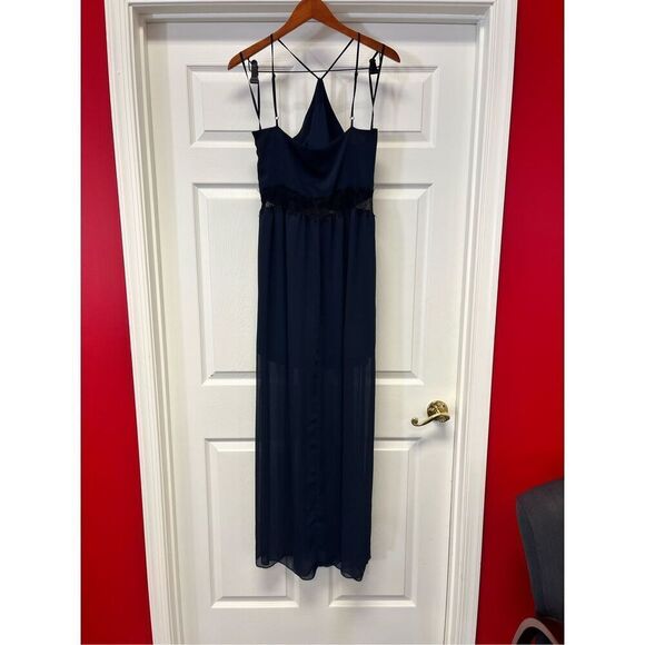BCBGENERATION Navy Chiffon Black Lace Waist Halter Maxi Dress Gown sz 12 EUC - Picture 5 of 8